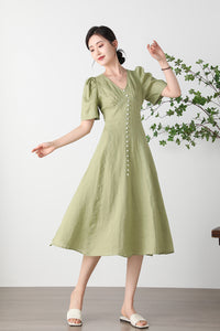 Green  V-neck Linen Dress C3256