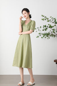 Green  V-neck Linen Dress C3256