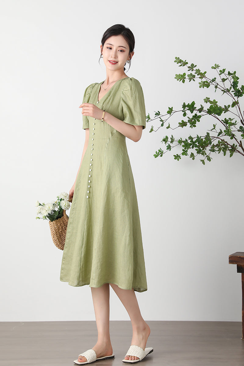 Green  V-neck Linen Dress C3256