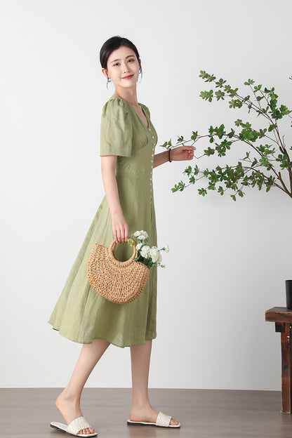 Green  V-neck Linen Dress C3256