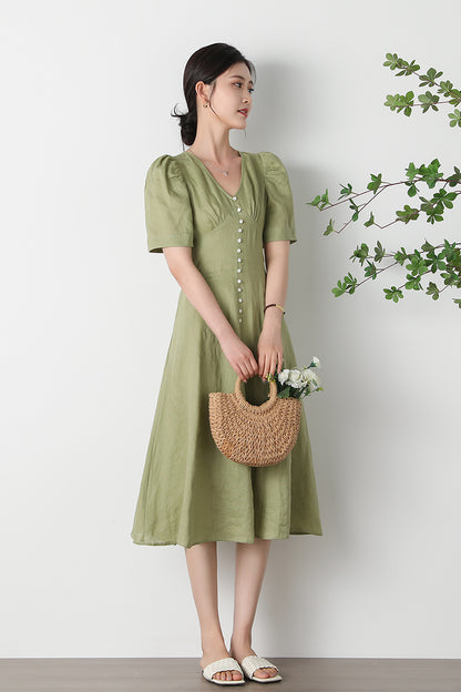 Green  V-neck Linen Dress C3256