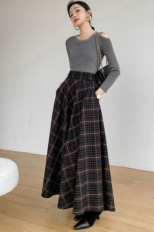 Retro Plaid Wool Skirt, High Waisted Skirt C3092