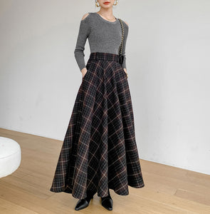 Retro Plaid Wool Skirt, High Waisted Skirt C3092