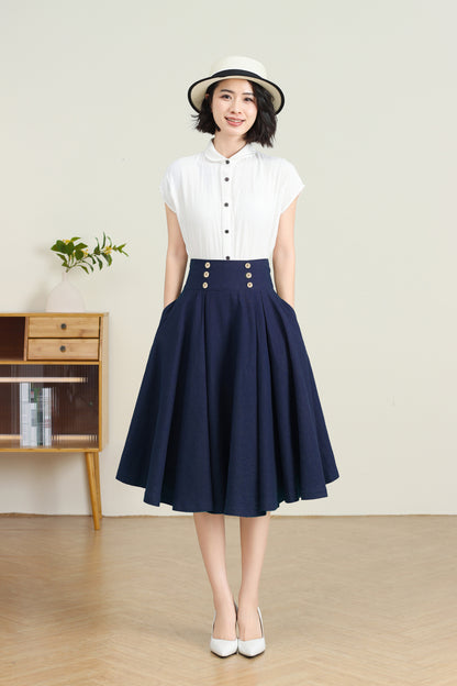 Navy Pleated Swing Skirt with Pockets C5456