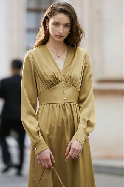 High waist v neck womens dresses with long sleeves C3488