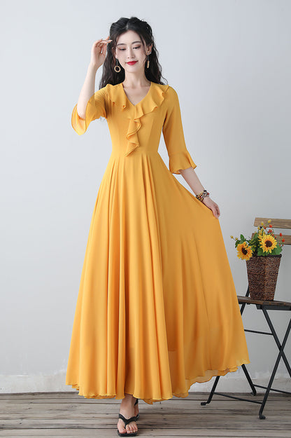 Yellow chiffon fit and flare dress C3457