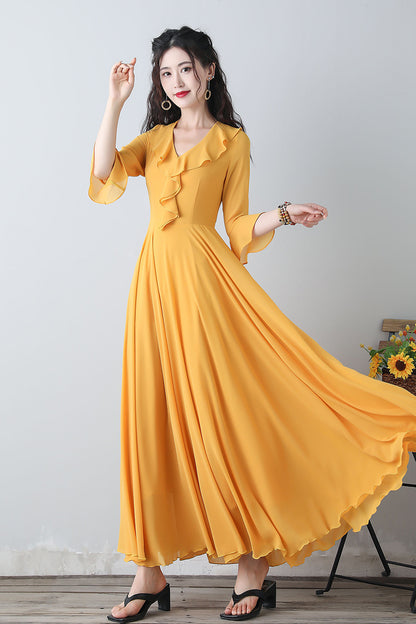 Yellow chiffon fit and flare dress C3457