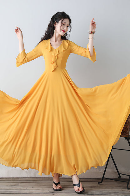Yellow chiffon fit and flare dress C3457
