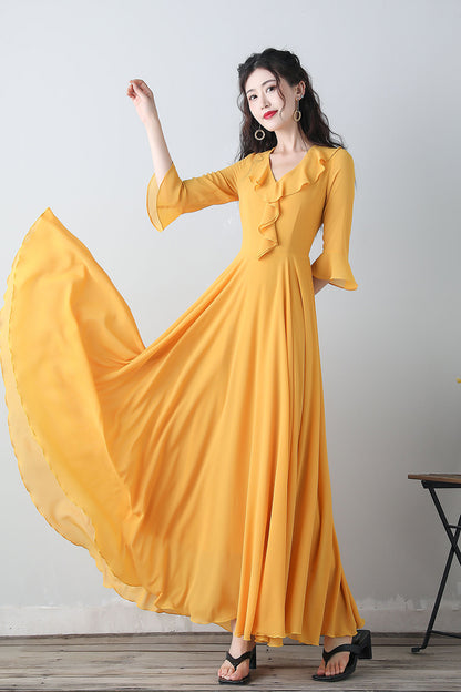 Yellow chiffon fit and flare dress C3457