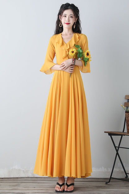 Yellow chiffon fit and flare dress C3457