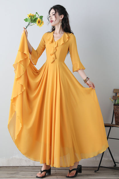 Yellow chiffon fit and flare dress C3457