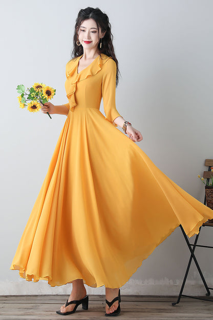 Yellow chiffon fit and flare dress C3457