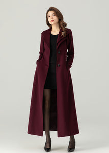 Burgundy Long Wool Coat Women C3693