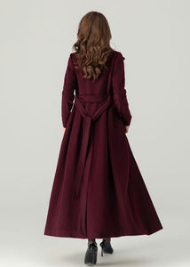 Burgundy Long Wool Coat Women C3693