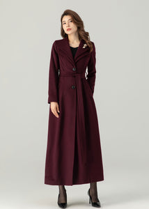 Burgundy Long Wool Coat Women C3693