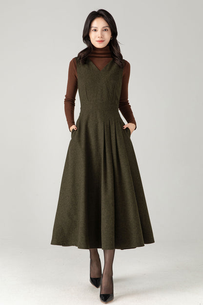 Army Green Wool Blend Midi Pinafore Dress – Handmade Sleeveless Fit and Flare Winter Dress C5338