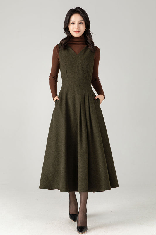 Army Green Wool Blend Midi Pinafore Dress – Handmade Sleeveless Fit and Flare Winter Dress C5338