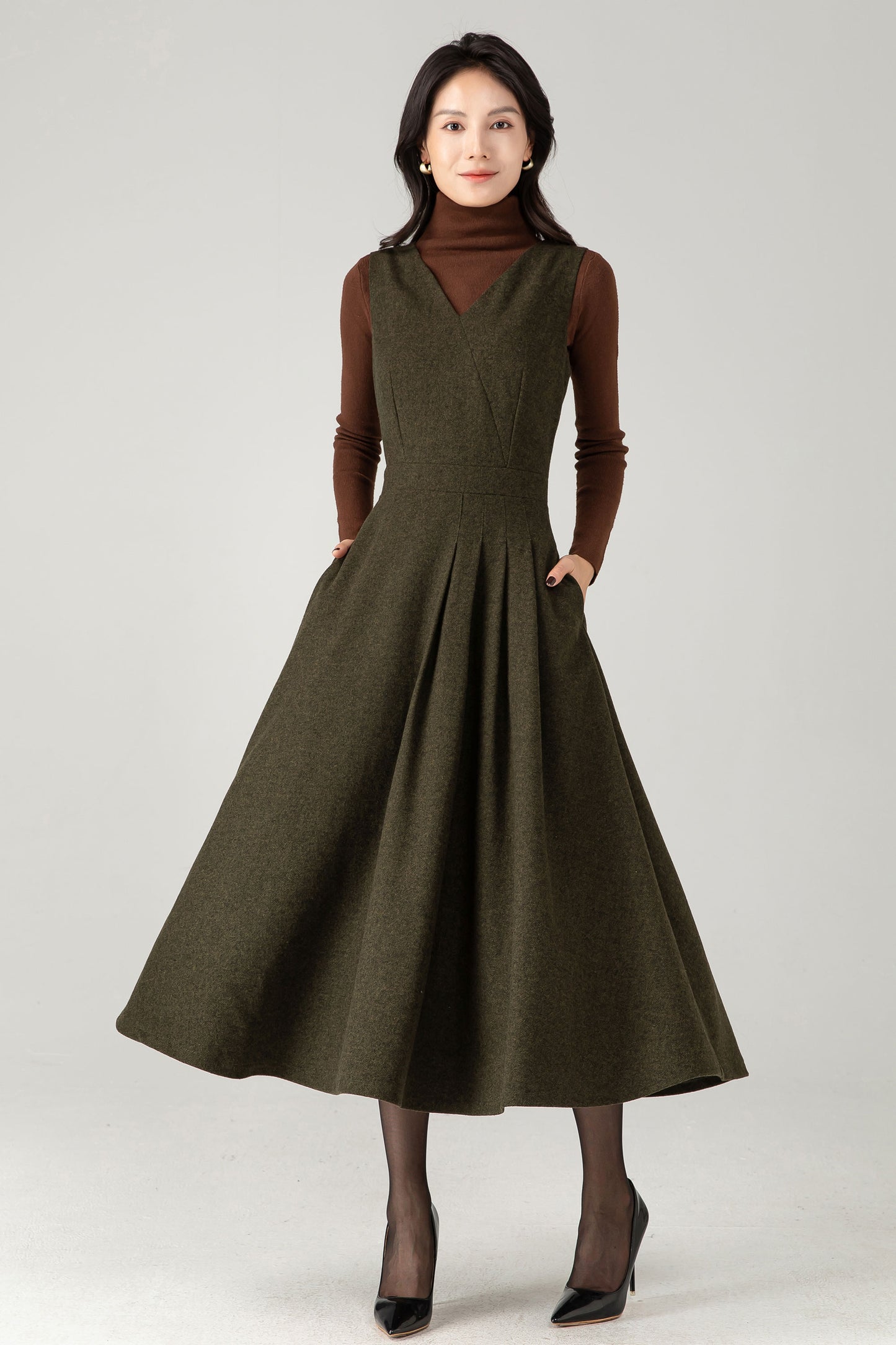 Army Green Wool Blend Midi Pinafore Dress – Handmade Sleeveless Fit and Flare Winter Dress C5338