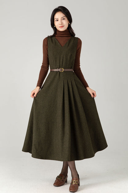 Army Green Wool Blend Midi Pinafore Dress – Handmade Sleeveless Fit and Flare Winter Dress C5338