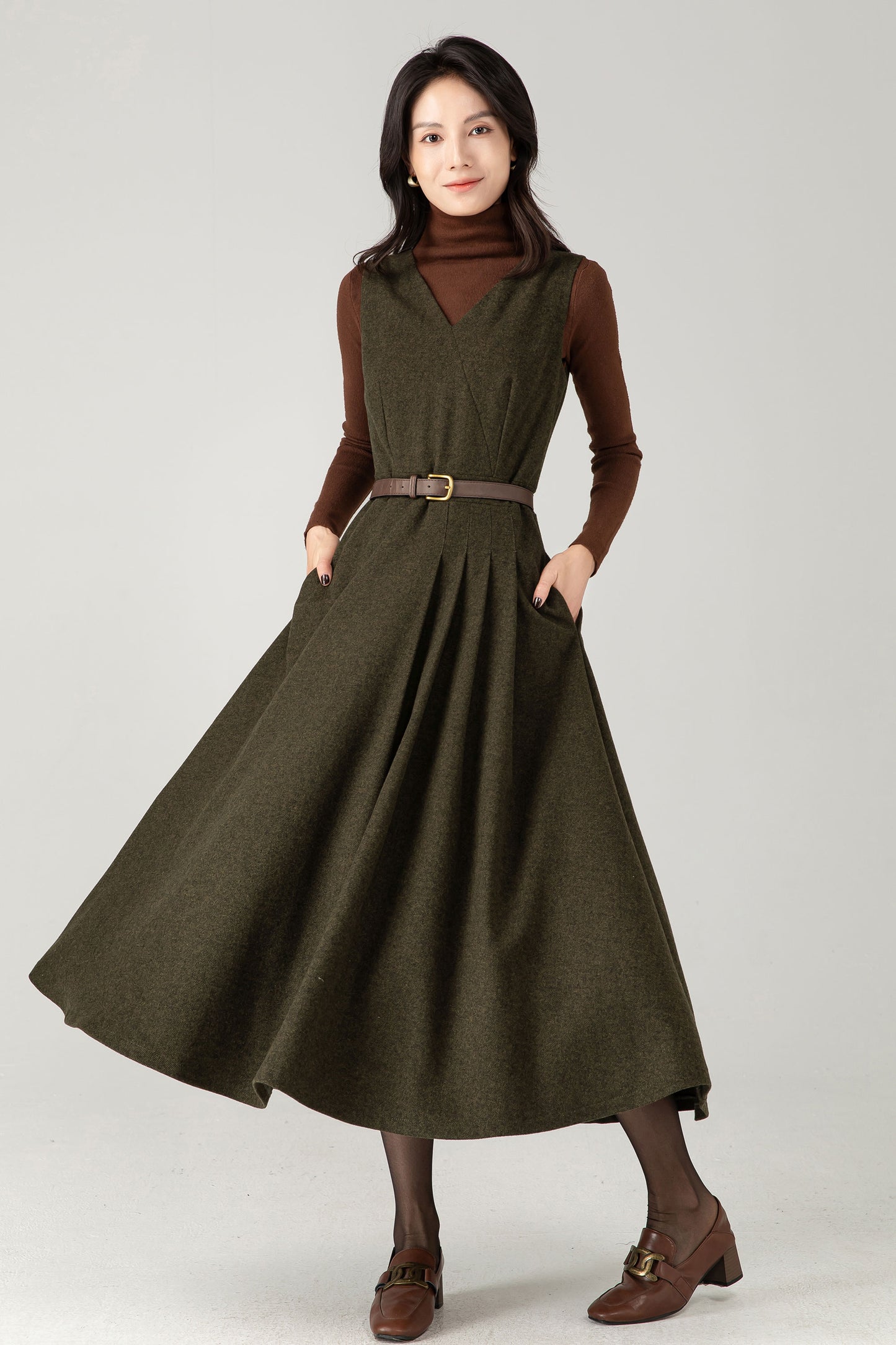 Army Green Wool Blend Midi Pinafore Dress – Handmade Sleeveless Fit and Flare Winter Dress C5338