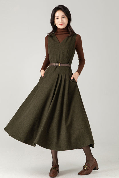 Army Green Wool Blend Midi Pinafore Dress – Handmade Sleeveless Fit and Flare Winter Dress C5338