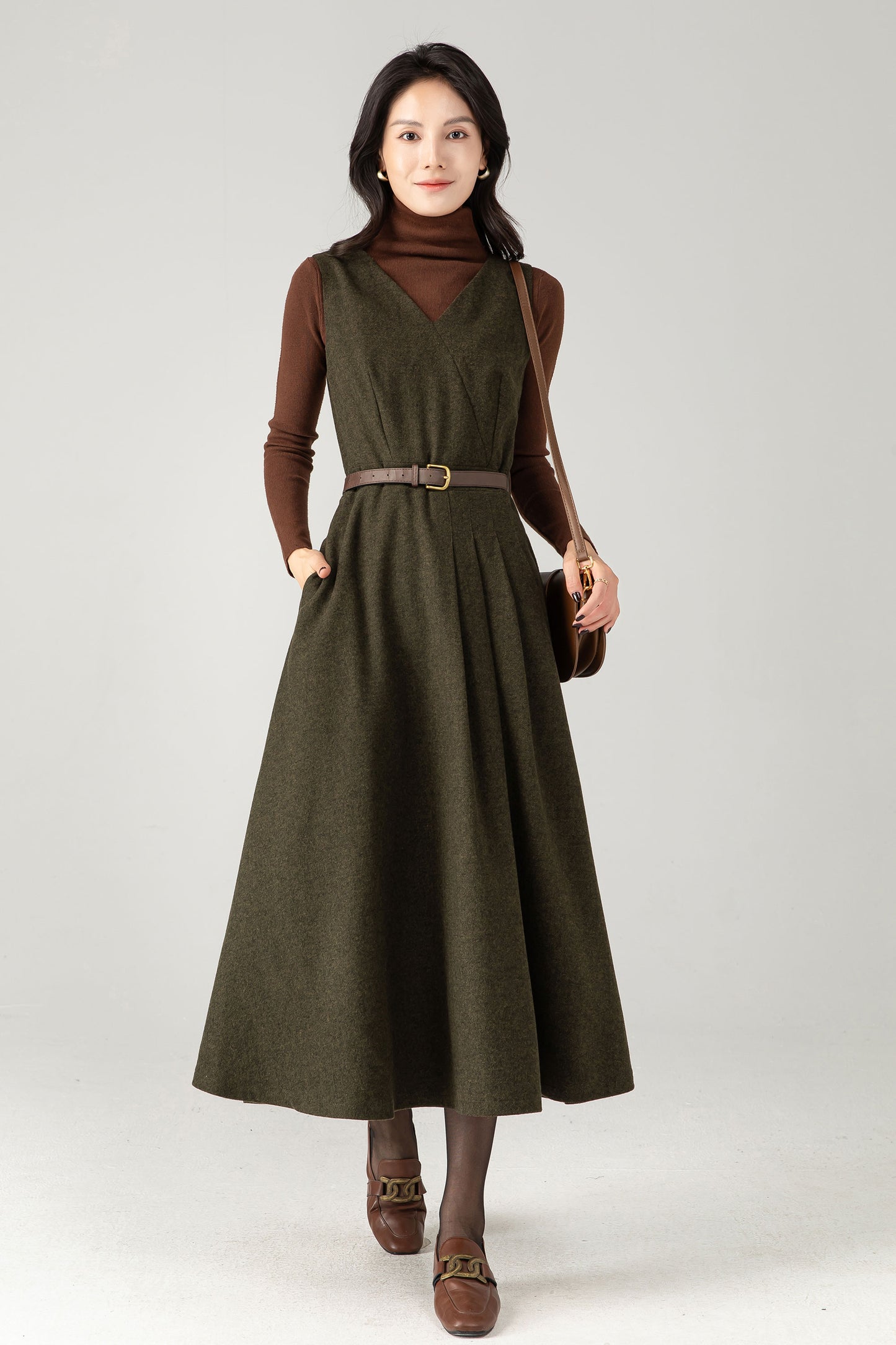 Army Green Wool Blend Midi Pinafore Dress – Handmade Sleeveless Fit and Flare Winter Dress C5338