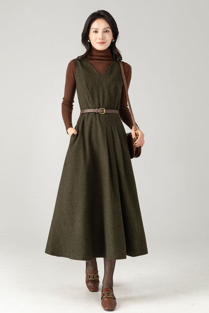 Army Green Wool Blend Midi Pinafore Dress – Handmade Sleeveless Fit and Flare Winter Dress C5338