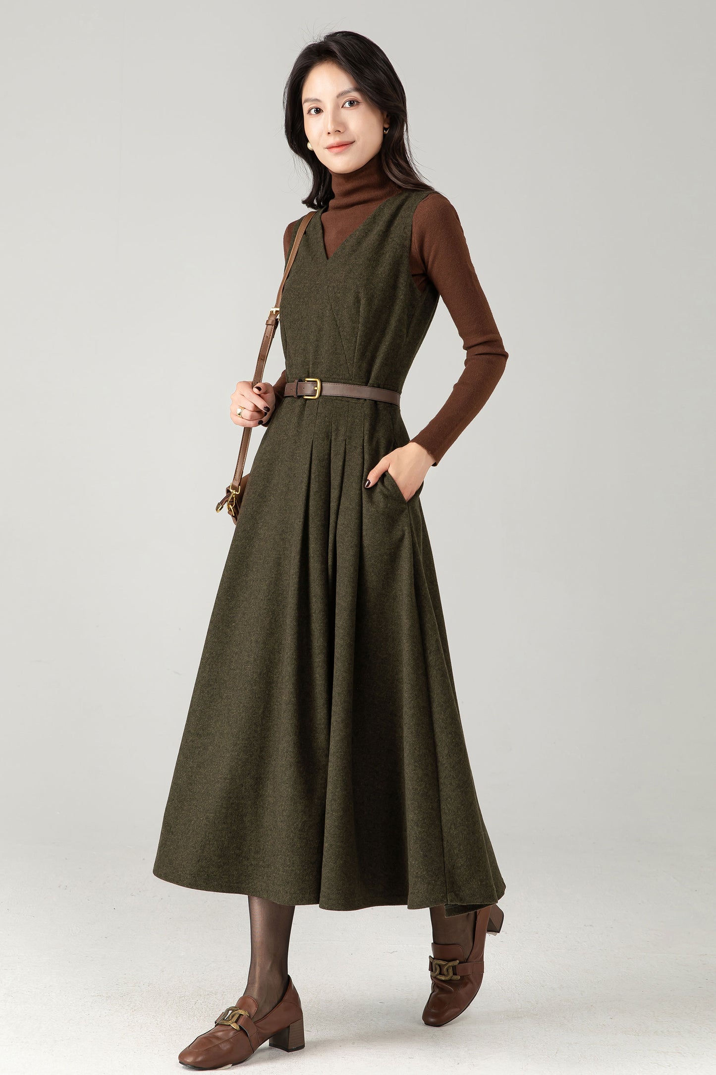 Army Green Wool Blend Midi Pinafore Dress – Handmade Sleeveless Fit and Flare Winter Dress C5338