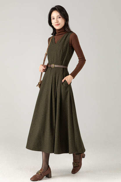 Army Green Wool Blend Midi Pinafore Dress – Handmade Sleeveless Fit and Flare Winter Dress C5338