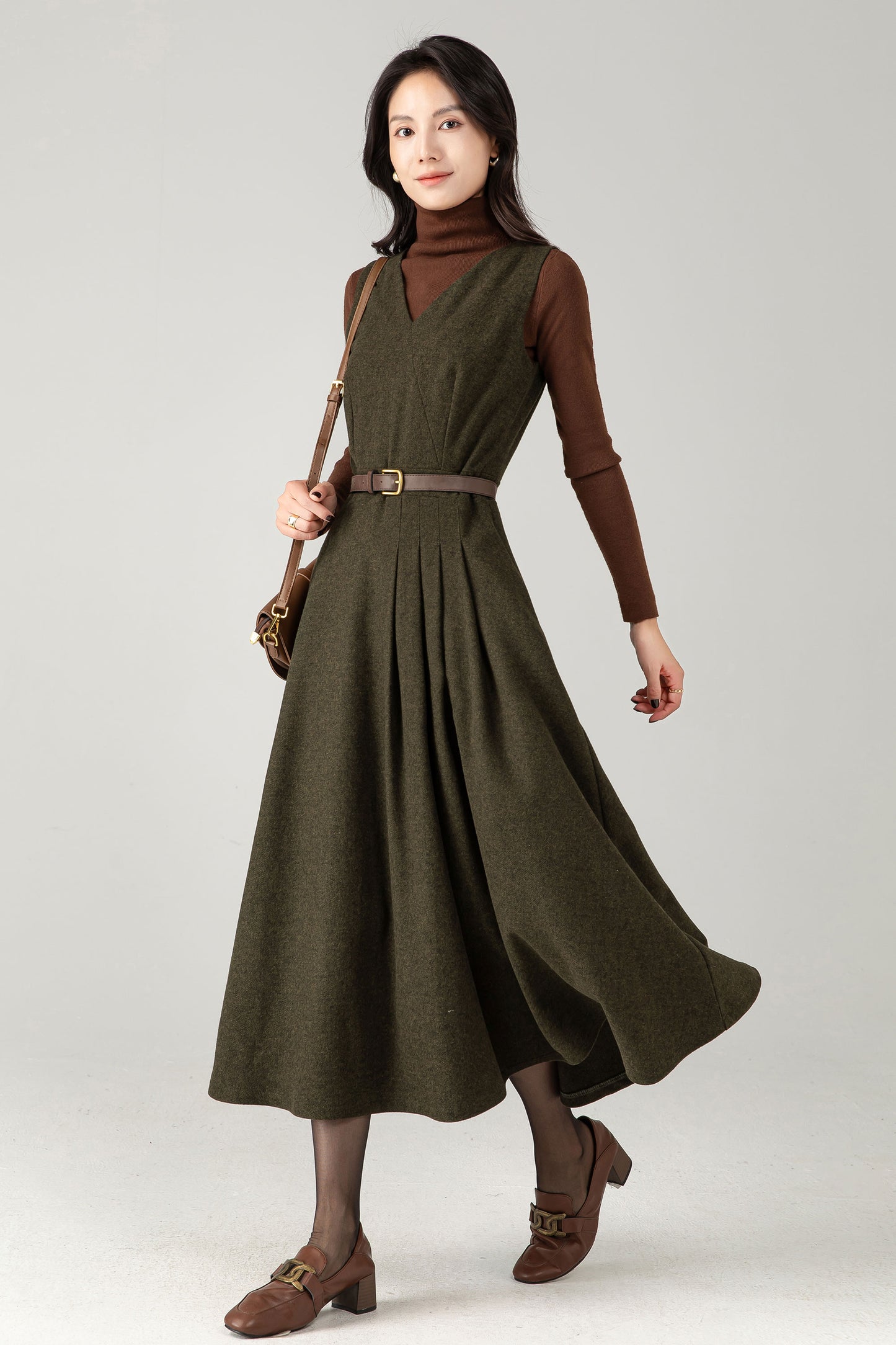 Army Green Wool Blend Midi Pinafore Dress – Handmade Sleeveless Fit and Flare Winter Dress C5338