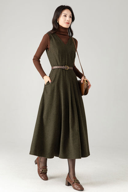 Army Green Wool Blend Midi Pinafore Dress – Handmade Sleeveless Fit and Flare Winter Dress C5338