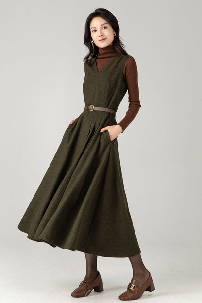 Army Green Wool Blend Midi Pinafore Dress – Handmade Sleeveless Fit and Flare Winter Dress C5338