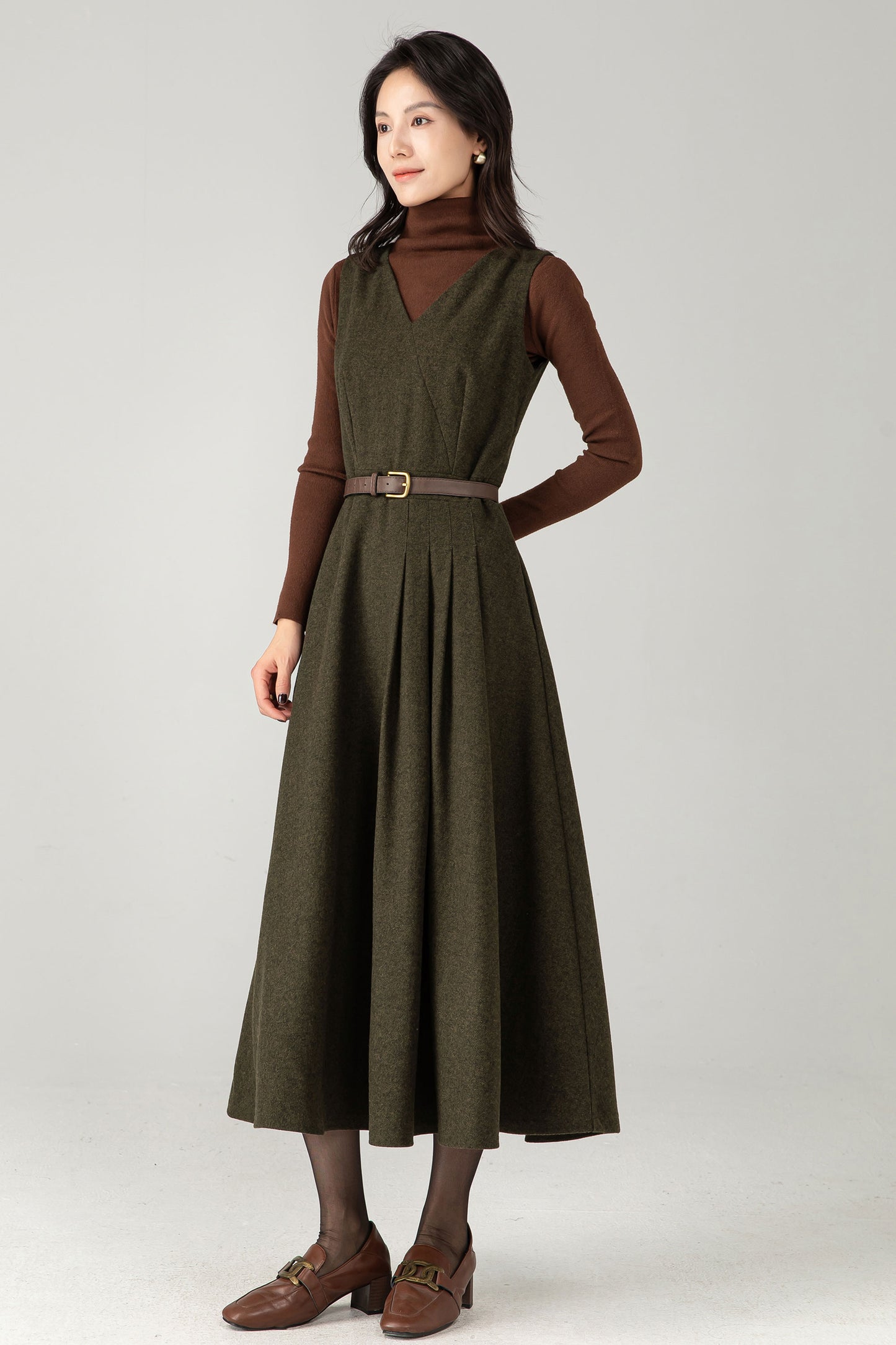Army Green Wool Blend Midi Pinafore Dress – Handmade Sleeveless Fit and Flare Winter Dress C5338