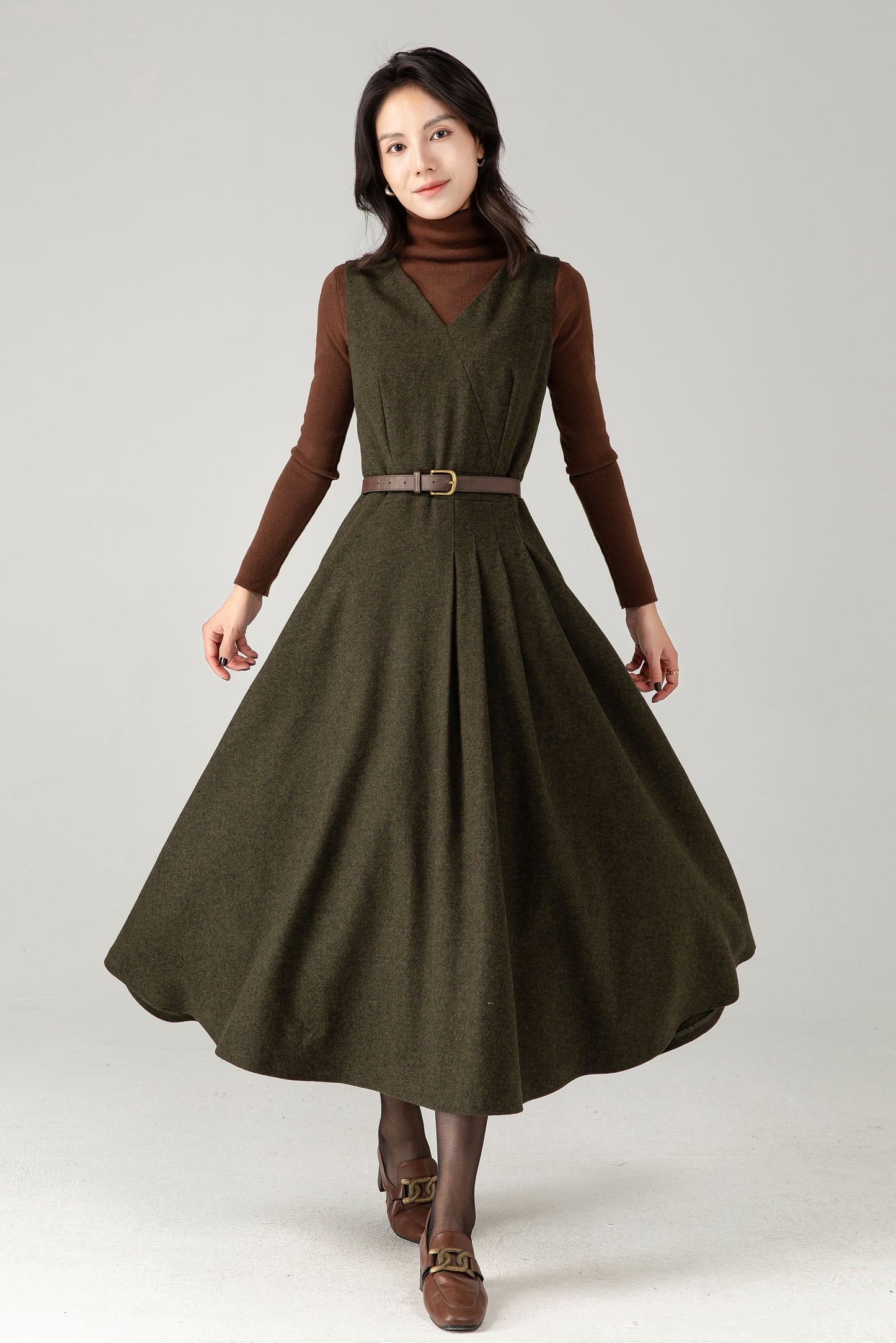 Army Green Wool Blend Midi Pinafore Dress – Handmade Sleeveless Fit and Flare Winter Dress C5338