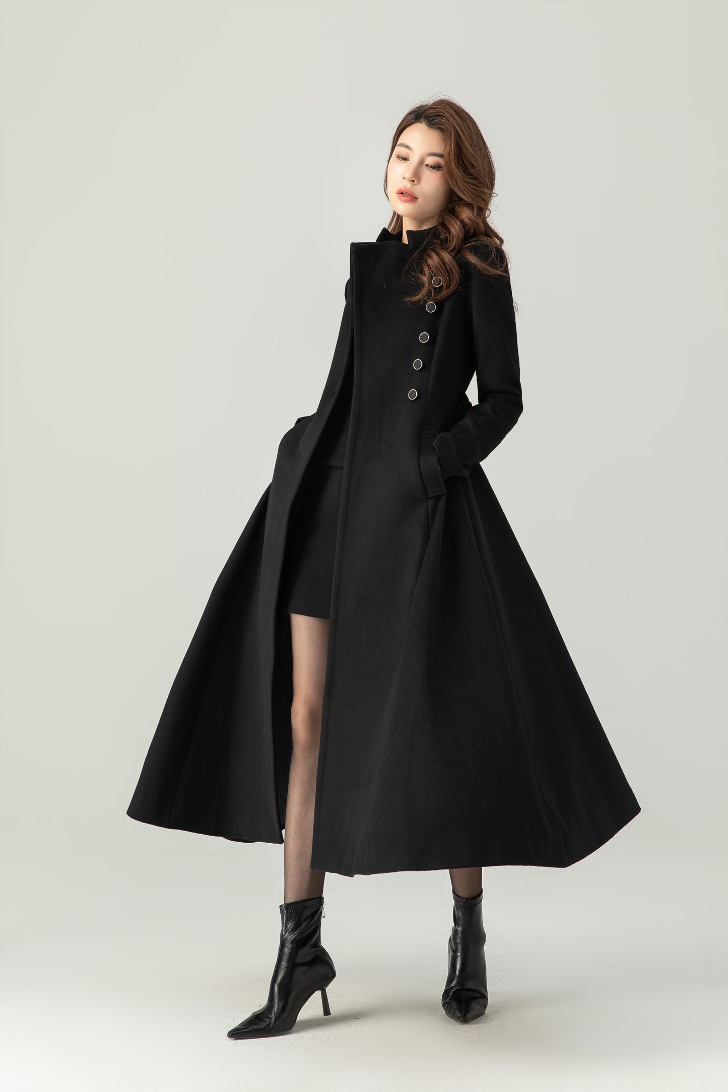 Winter Black button Long Wrap Wool Coat Women C4408