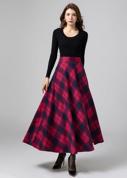 Plaid Wool Maxi Skirt Women C4338