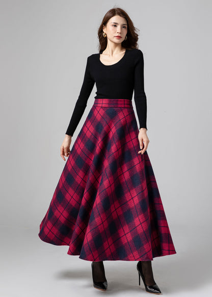 Plaid Wool Maxi Skirt Women C4338