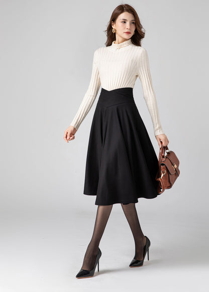 Black Knee Length Wool Skirt Women C3584