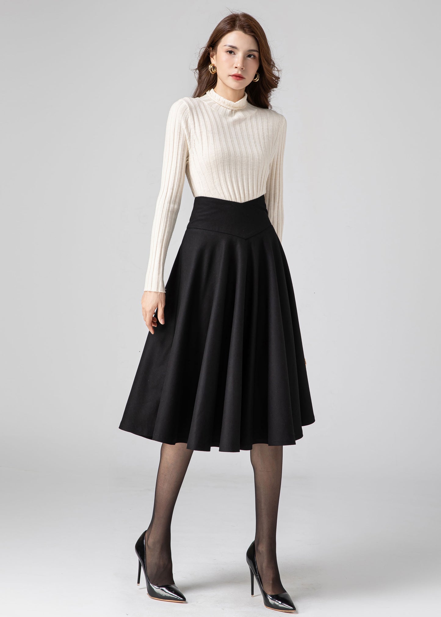 Black Knee Length Wool Skirt Women C3584