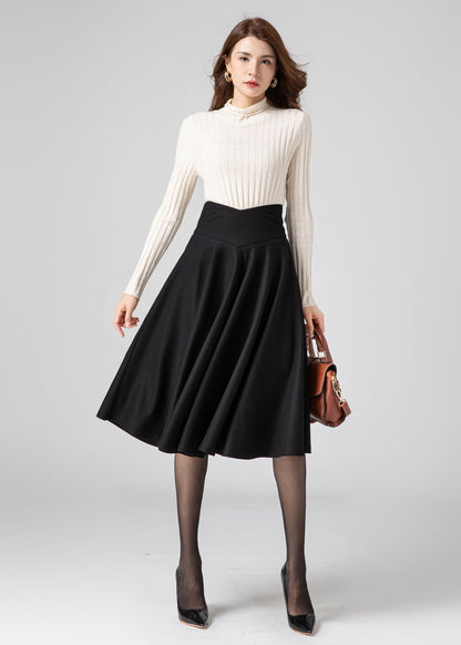 Black Knee Length Wool Skirt Women C3584