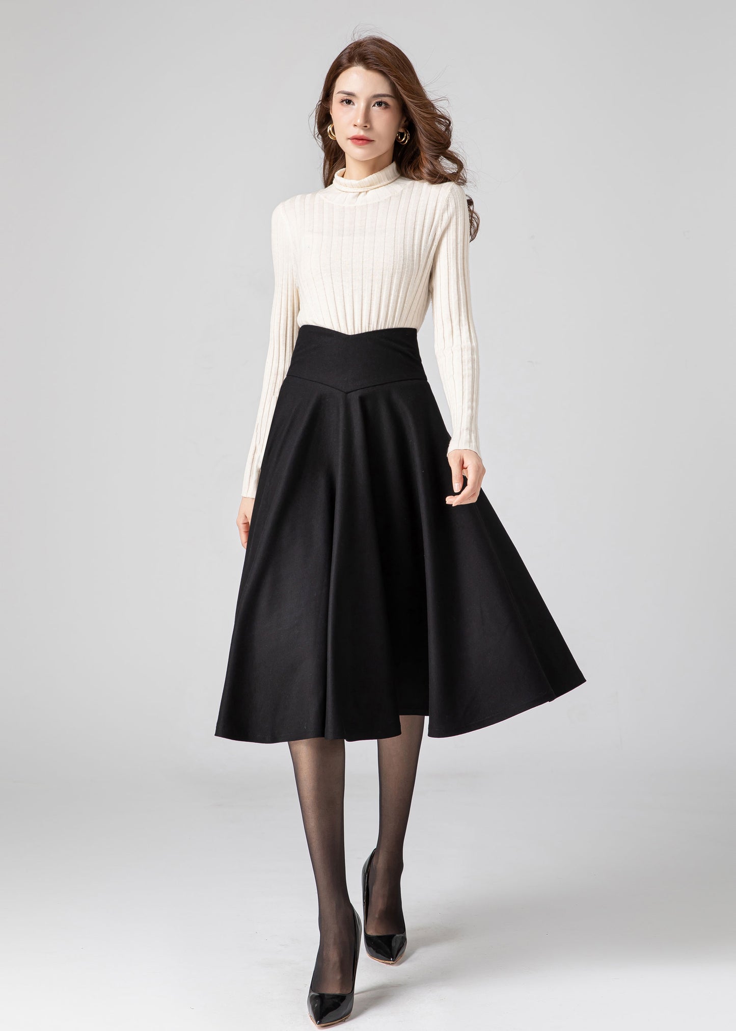 Black Knee Length Wool Skirt Women C3584