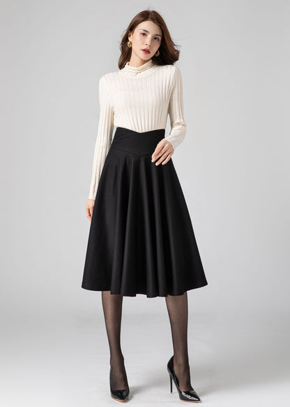 Black Knee Length Wool Skirt Women C3584