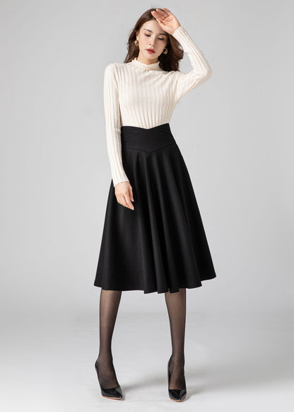 Black Knee Length Wool Skirt Women C3584