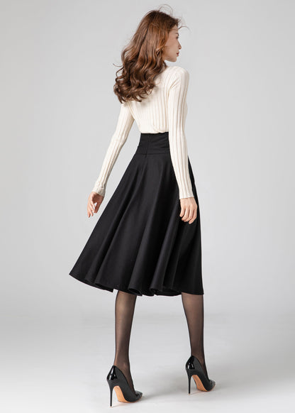 Black Knee Length Wool Skirt Women C3584