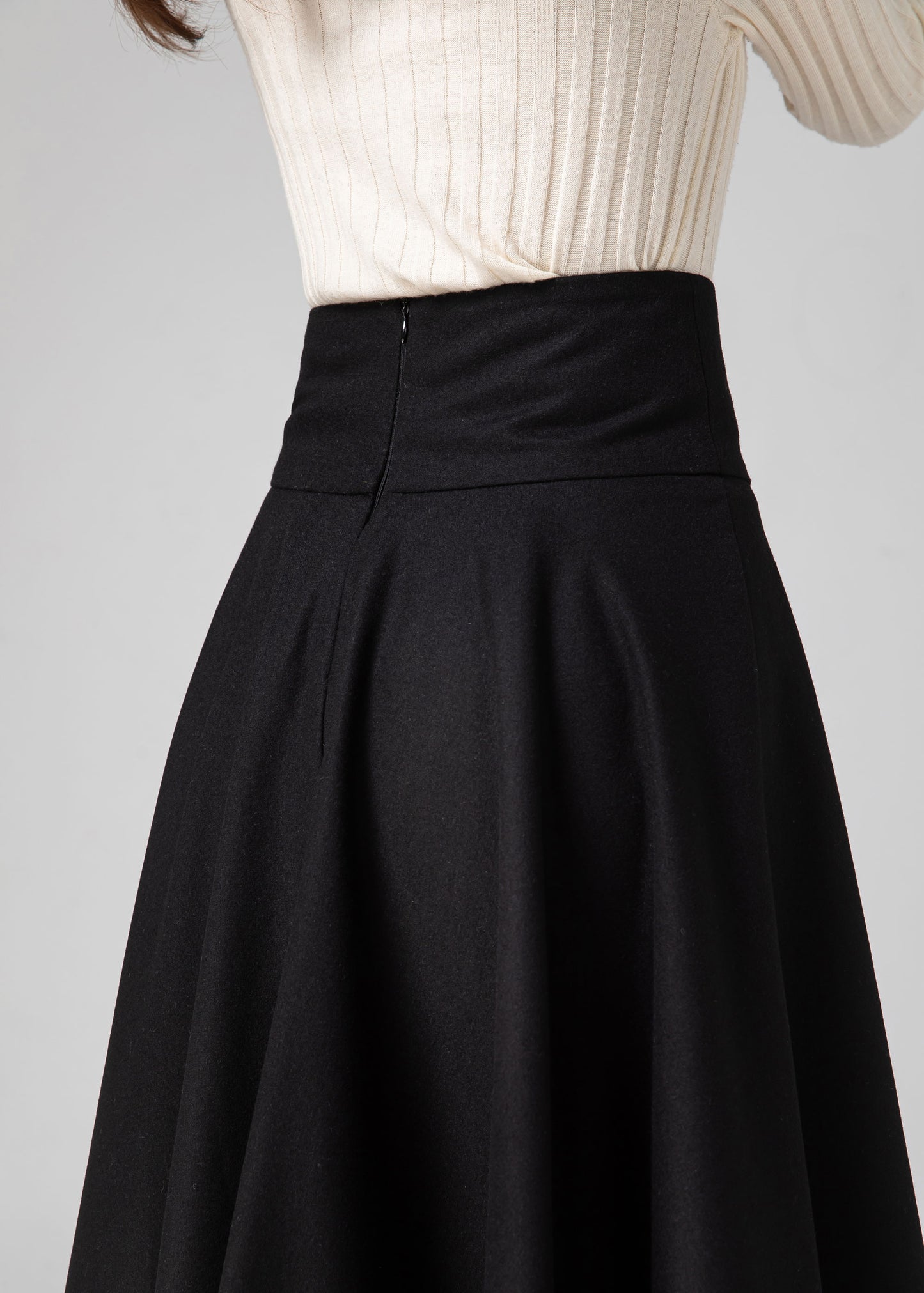 Black Knee Length Wool Skirt Women C3584