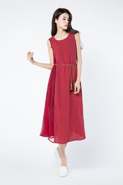 Sleeveless red summer linen dresses c1082