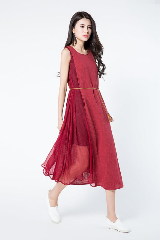 Sleeveless red summer linen dresses c1082