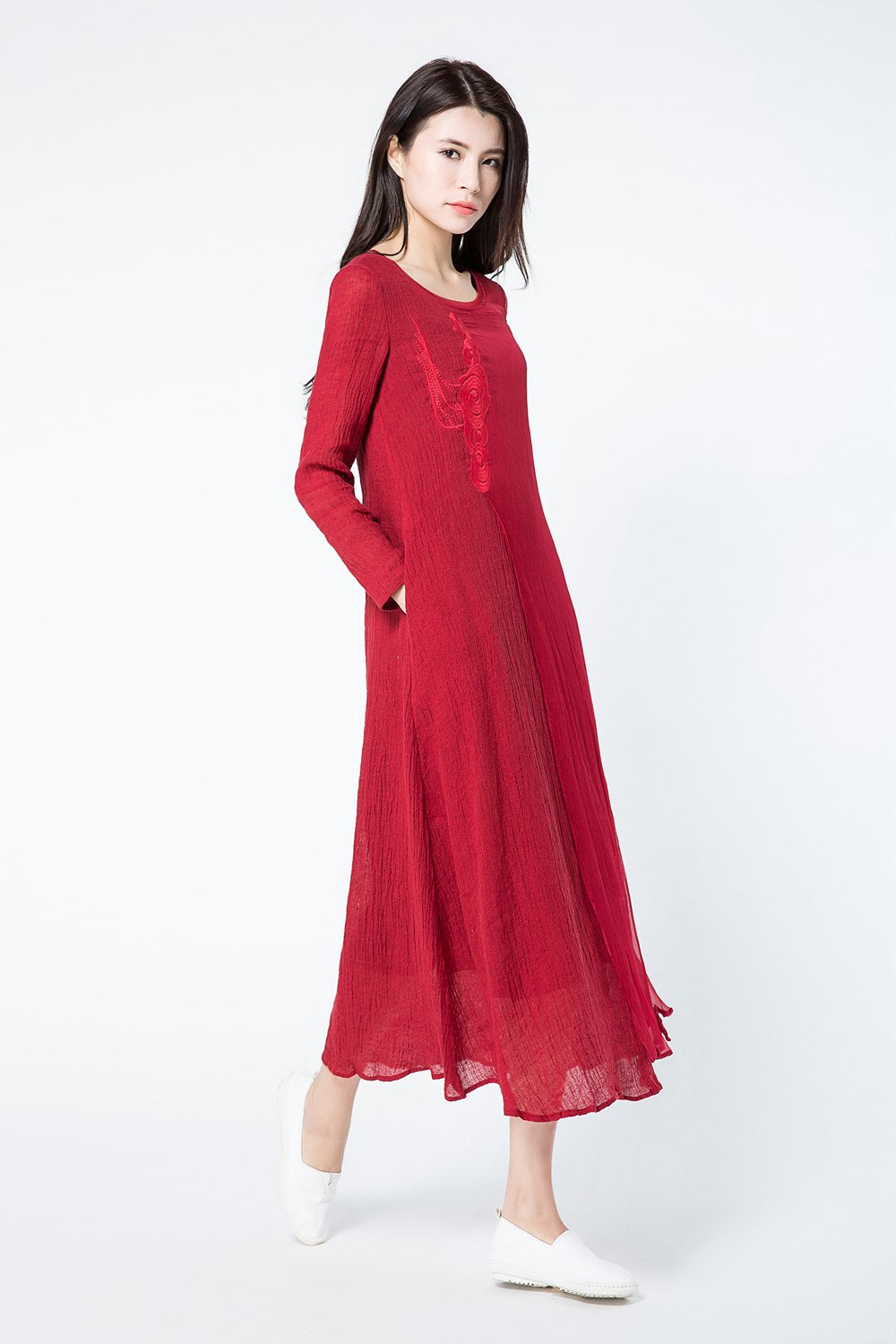 Long sleeves red summer linen dresses c1083