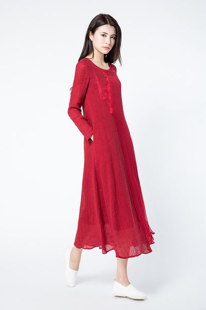Long sleeves red summer linen dresses c1083