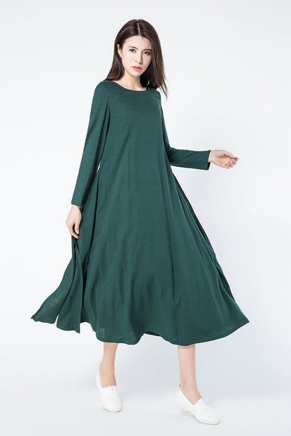 Green loose fitting linen dress women c1086